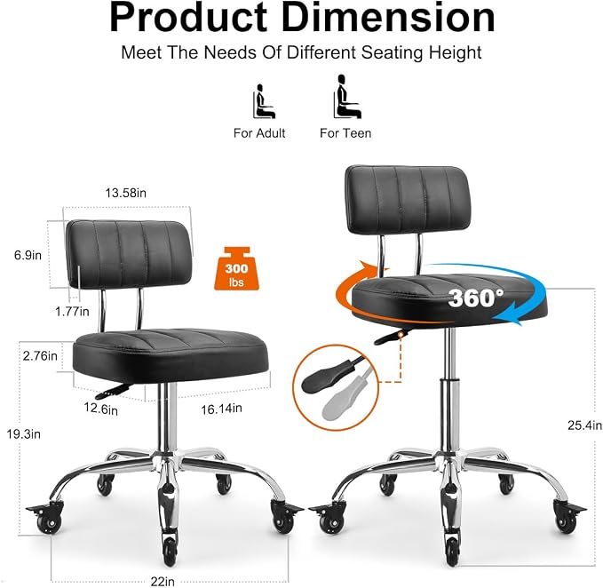 JOSTZHXIN Office Desk Chair with Wheels, Rolling Stool with Backrest Height Adjustable, Swivel Stool with Low Back Lumbar Support, Square PU Leather Swivel Chair with Back (3.2-in PU Wheel)