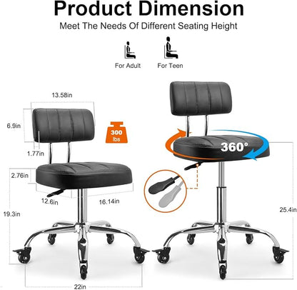 JOSTZHXIN Office Desk Chair with Wheels, Rolling Stool with Backrest Height Adjustable, Swivel Stool with Low Back Lumbar Support, Square PU Leather Swivel Chair with Back (3.2-in PU Wheel)