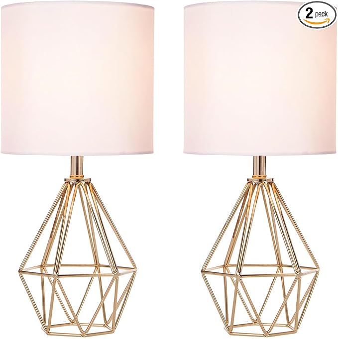 Gold Small Table Lamp Set of 2, Modern Bedside Nightstand Lamps with Geometric Metal Base White Fabric Shade, Cute Desk Lamp for Living Room Bedroom