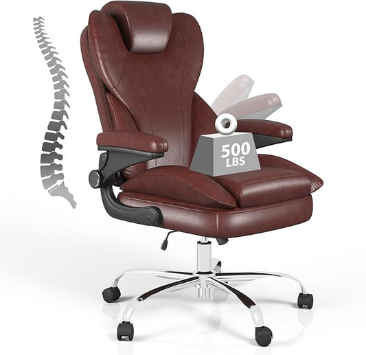 Office Chair, Home Desk Chair, Ergonomic Computer Chair with Lumbar Support, Executive Leather Chair with Flip-Up Armrests, Big and Tall Swivel Rolling Chair, Brown