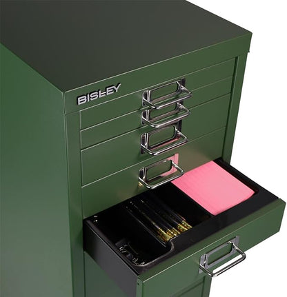 Bisley 8-Drawer Steel MultiDrawer Cabinet - Olive Green | Chrome Pull Handles with Label Holders, Powder-Coated Steel, Removable Drawers, Fits Under Most Desks, Labels Included