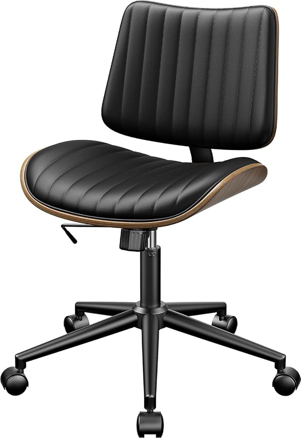 YaFiti Armless Office Chair, Mid Century Modern Desk Chair with Walnut Wood Back & SGS Level 3 Gas Lift, Swivel PU Leather Computer Chair for Small Space, Home Office, Bedroom, 300lbs Cap, Black
