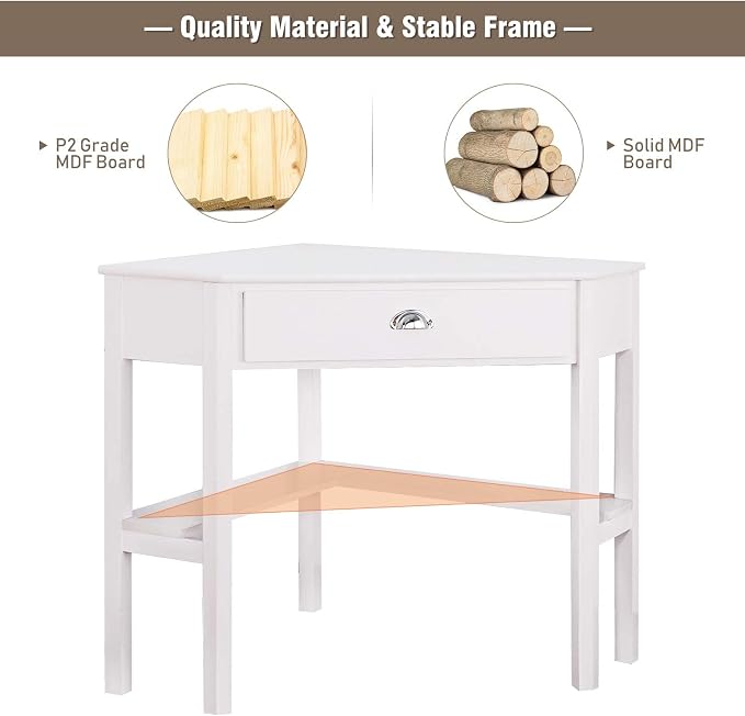 DORTALA Corner Desk, Writing & Study Corner Computer Desk, Laptop PC Table, Wood Home Office Desk, Small Corner Desk w/Storage Drawer, Shelves, Office Study Workstation, White Corner Desk (White)
