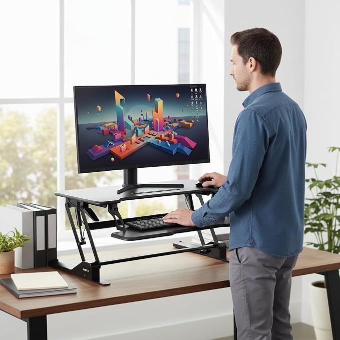 Mount-It! 38 Inch Standing Desk Converter - Gas Spring Sit Stand Desk Riser for Dual Monitors - Height Adjustable Desktop Workstation with Keyboard Tray - Black
