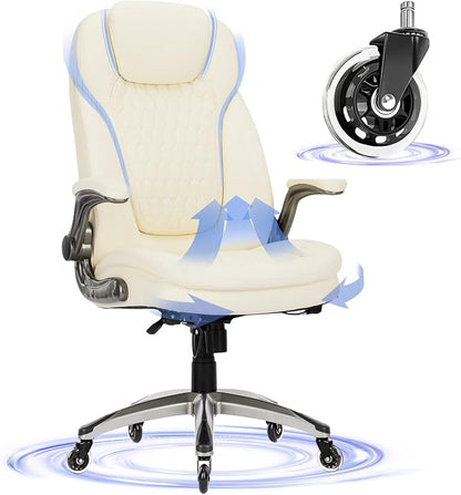 Executive Office Chair-Ergonomic Computer Desk Chair with Upgraded Caster for Swivel, High Back Office Chair with Padded Flip-up Arms,Leather Chair Thicken Seat for Comfort