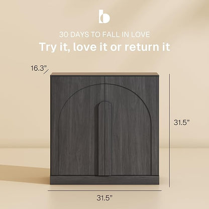 BELLEZE 31.5" Kitchen Storage Cabinet with Adjustable Shelves,Freestanding Accent Cabinet with Fluted Arched Design & Wood Handles,Modern Credenza for Living Room,Dining Room,Entryway - Ebony