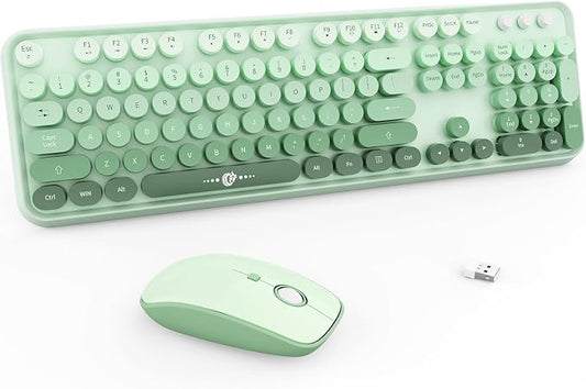 Sage Green Wireless Keyboard and Mouse Combo, Creamy Bubble Keyboard with Round Keys, 2.4GHz Cute Typewriter Style Full Size Mint Green Keyboard with Number Pad for PC Laptop Desktop