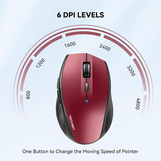 TECKNET Bluetooth Mouse, 4800 DPI Computer Mouse, 2-Year Battery Wireless Mouse 6 Adjustable DPI, 6 Buttons Compatible with Laptop/Windows/Computer(Red)