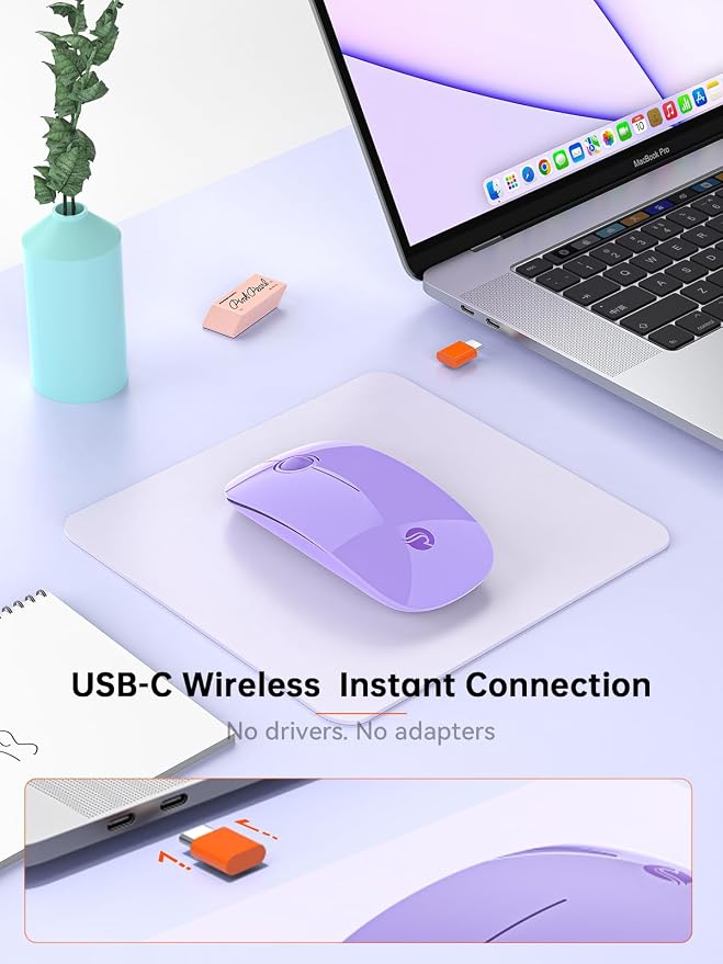 RAPIQUE Type C Wireless Mouse for USB-C Devices, Slim Silent Mouse with USB-C Receiver, 800/1200/1600 DPI, AA Battery Powered, Portable 2.4GHz Wireless Mouse for MacBook, iPad Pro, Laptop – Purple