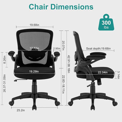 Office Chair, Ergonomic Desk Chair with Adjustable Lumbar Support Breathable Mesh Computer Chair with Flip-up Armrests, Comfy Mid Back Rolling Swivel Executive Chair for Home Office, Black