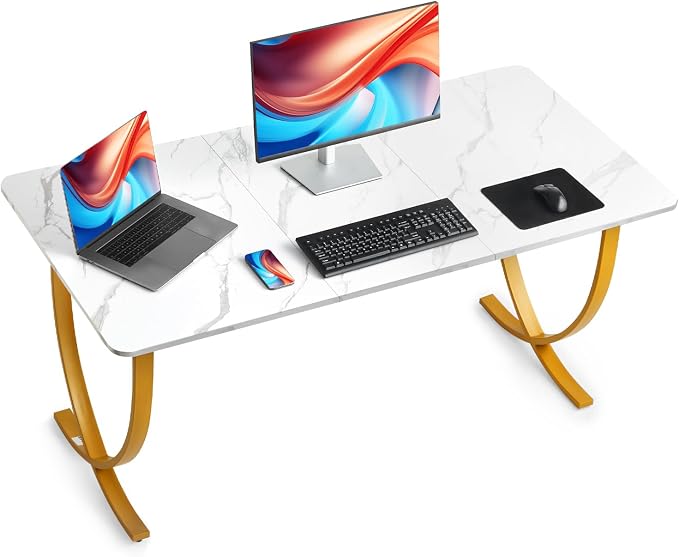 VEVOR Executive Desk, 63" W x 31.5" D Large Office Desk, Modern Computer Table Conference Meeting Room Table, Business Furniture Enlarged Desktop for Home Office, White and Gold