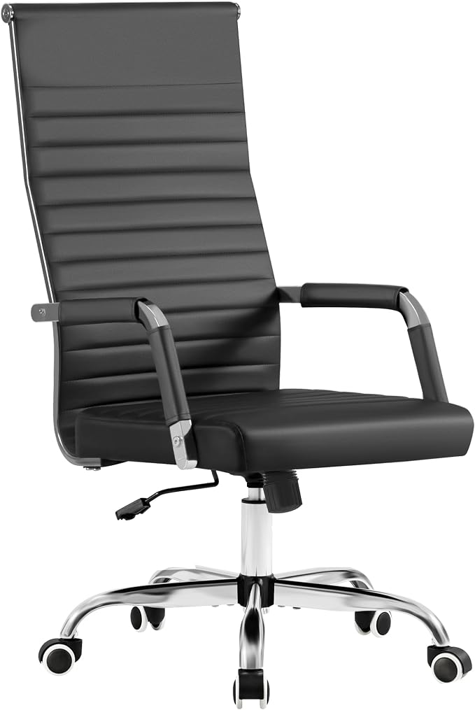 Furmax Ribbed Office Chair High Back PU Leather Executive Conference Chair Adjustable Swivel Chair with Arms, Black