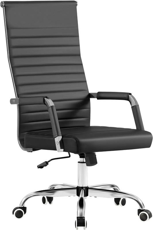 Furmax Ribbed Office Chair High Back PU Leather Executive Conference Chair Adjustable Swivel Chair with Arms, Black