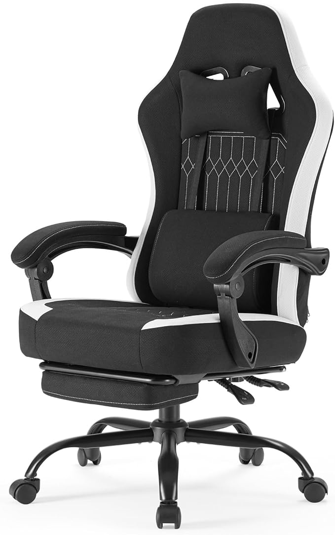 Computer Gaming Chair - High Back Ergonomic Desk Chair with Footrest and Lumbar Support, Height Adjustable Task Chair with Linkage Armrests and Headrest, 360° Swivel Wheels, Black