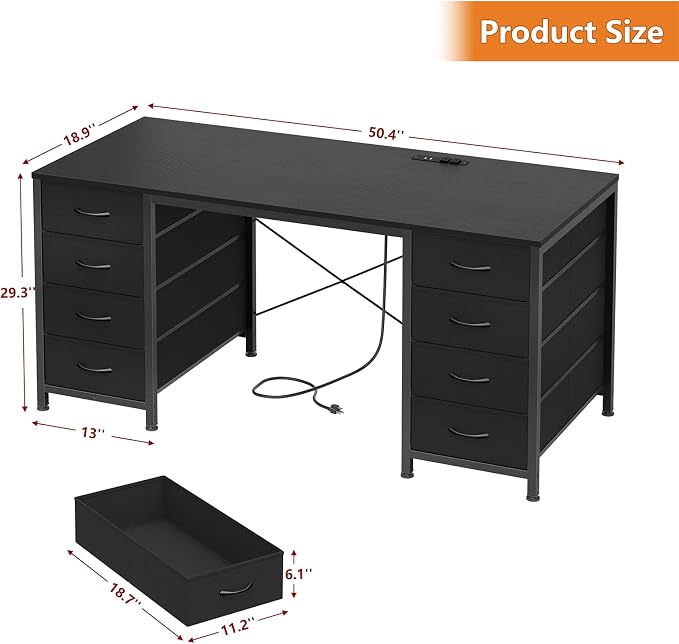 YOMILUVE 50 Inch Computer Desk with 8 Drawers, Home Office Desk with Power Outlets, Work Study Gaming Desk with 8 Fabric Drawers, Black