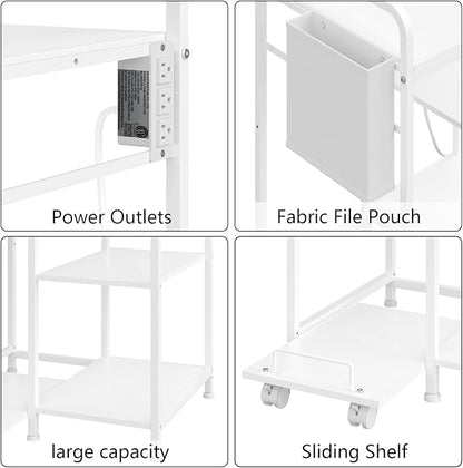 Sedegn Large Printer Stand with 3 AC Outlets for Home Office Devices | Heavy-Duty Printer Table for Laser Printer, Side Paper Storage Bag, 3-Tier Organizer for Shredder, PC Tower & Supplies, White