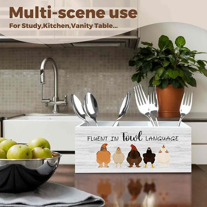 Funny Chicken Pencil Pen Holder for Desk Organizer, Chicken Lovers Gifts for Women Men, Fluent in Fowl Language Wooden Box Decorations for Home Office Bedroom Desk Tabletop Decor