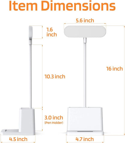AXX Rechargeable Small Desk Lamp for Home Office Bedroom, Study Table Light for Kids Teens, White, LED, Pen Holder, Mini, Gooseneck, College Dorm Room Lighting for Computer Keyboard Desktop Task