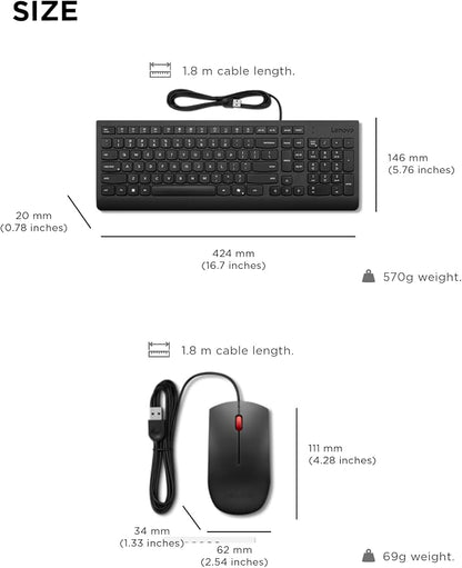 Lenovo Essential Wired Keyboard & Mouse Combo - US English, Adjustable Feet, Spill Resistant Keys, Full Size Ambidextrous Optical Mouse, 1600 DPI, Black