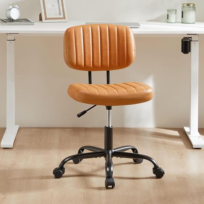 YSSOA Small Desk Chair with Wheels, Armless Office Chair No Arms, Comfy PU Leather Computer Task Chair Swivel Rolling Chairs for Small Space, Home, Adults, Students, Beige White
