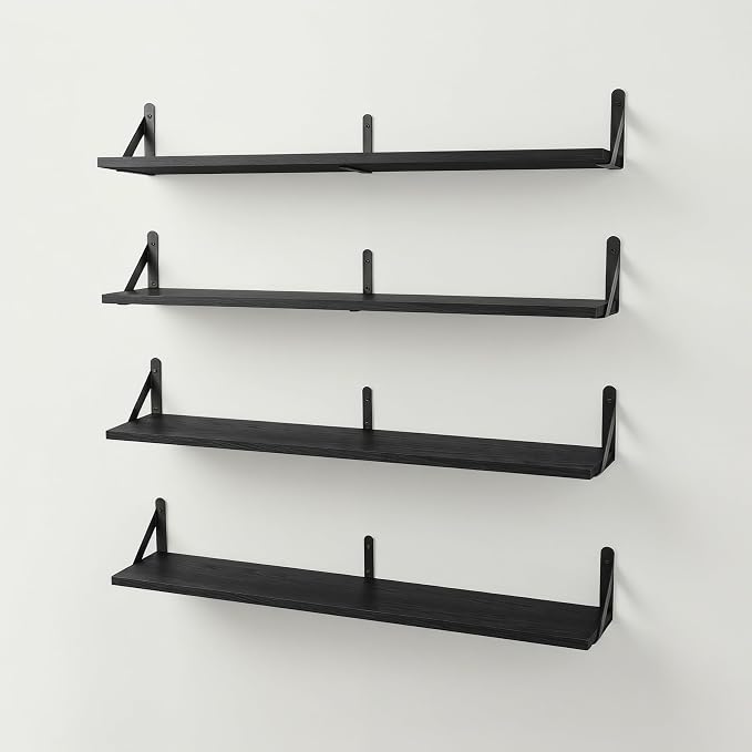 Long Wall Shelf,Large Floating Shelves for Wall,Wood Floating Bookshelves Hanging,Book Storage Display for Living Room Bedroom Office Bathroom Decor,4 Pack,36 Inch,Rustic Black