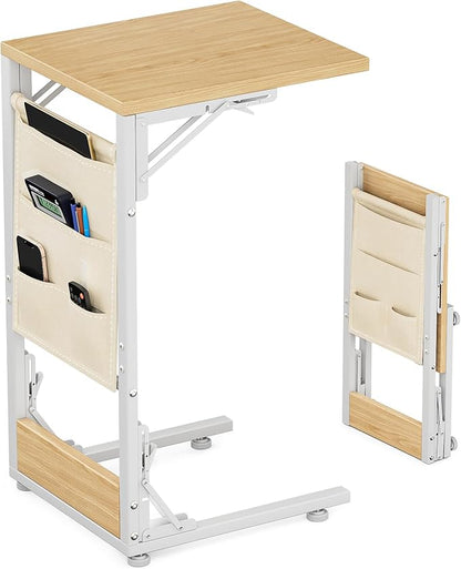 Folding TV Tray Table, Small Folding Side Table with Storage Bag, Portable C Shaped End Table for Couch Sofa Bed, Light Walnut