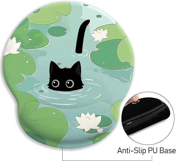 Blusabaca Mouse Pad with Wrist Rest, Cat Lotus Leaf Ergonomic Mouse Pads Wrist Support for Desk, Cute Gaming Mousepad Wireless Mouse Laptop Computer Work Home Desk Accessories Office Supplies Decor