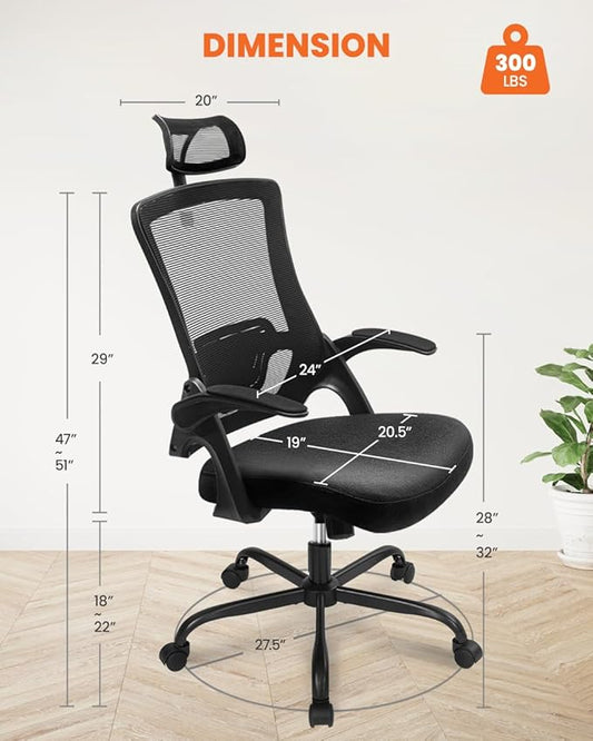 NEO Chair Office Chair High Back Desk Chair Comfy Gaming Computer Mesh Seat with Ergonomic Lumbar Adjustable Headrest Rolling Flip-up Armrests and Wheels (Dark Black)