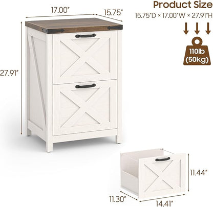 Halitaa Farmhouse File Cabinet, Vertical Under Desk Wooden Storage with 2 Drawers, Small Filing Cabinet Fits Letter and A4 Size for Home Office, Printer Stand, White and Brown