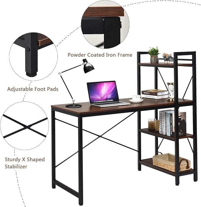 Tangkula Computer Desk with 4 Tier Shelves, Study Writing Desk with Storage Bookshelves, Modern Compact Home Office Workstation, 47.5" Tower Desk with Steel Frame & Adjustable Feet Pad, Teak