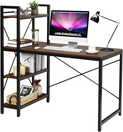 Tangkula Computer Desk with 4 Tier Shelves, Study Writing Desk with Storage Bookshelves, Modern Compact Home Office Workstation, 47.5" Tower Desk with Steel Frame & Adjustable Feet Pad, Teak