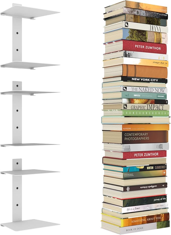 Mefirt Invisible Floating Bookshelves for Wall, 6 Tier Vertical Spine Book Tower, Heavy Duty Floating Book Shelves Metal Book Organizers for Home Office, 3 Pack(White)