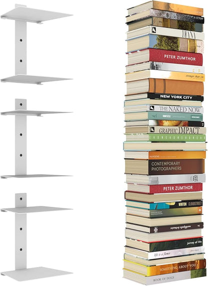 Mefirt Invisible Floating Bookshelves for Wall, 6 Tier Vertical Spine Book Tower, Heavy Duty Floating Book Shelves Metal Book Organizers for Home Office, 3 Pack(White)
