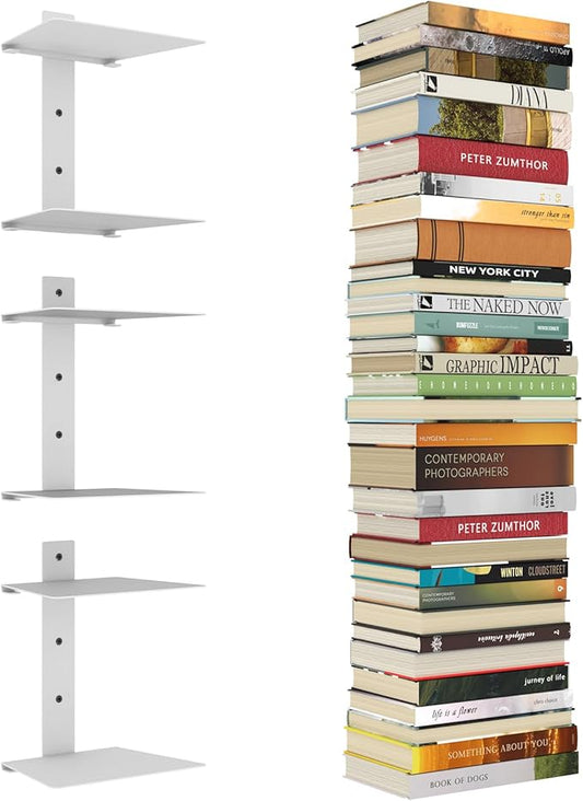 Mefirt Invisible Floating Bookshelves for Wall, 6 Tier Vertical Spine Book Tower, Heavy Duty Floating Book Shelves Metal Book Organizers for Home Office, 3 Pack(White)