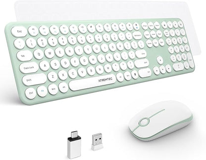 2.4GHz Full Size XTREMTEC Wireless Keyboard and Mouse Combo,Ultra Slim Silent Cute Aesthetic Retro Round Keycap,Cordless Quiet Green Keyboard and Mouse Wireless for Windows,Mac OS (Macaron Green)