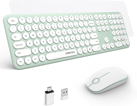 2.4GHz Full Size XTREMTEC Wireless Keyboard and Mouse Combo,Ultra Slim Silent Cute Aesthetic Retro Round Keycap,Cordless Quiet Green Keyboard and Mouse Wireless for Windows,Mac OS (Macaron Green)