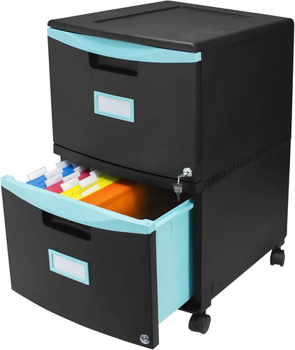 Storex Plastic Two-Drawer Mobile Pedestal File Cabinet – Locking Document Organizer with Casters for Home and Office, Black, 1-Pack (61315C01C)