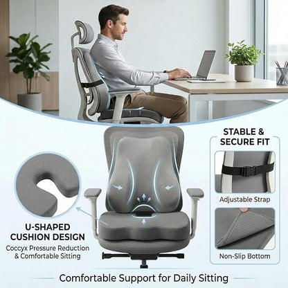 Lumbar Support Pillow & Seat Cushion for Office Chairs with Adjustable Strap, Memory Foam Back Support for Office Desk Chair Cushion, Chair Seat Cushions for Car, Travel and Wheelchair (Grey)