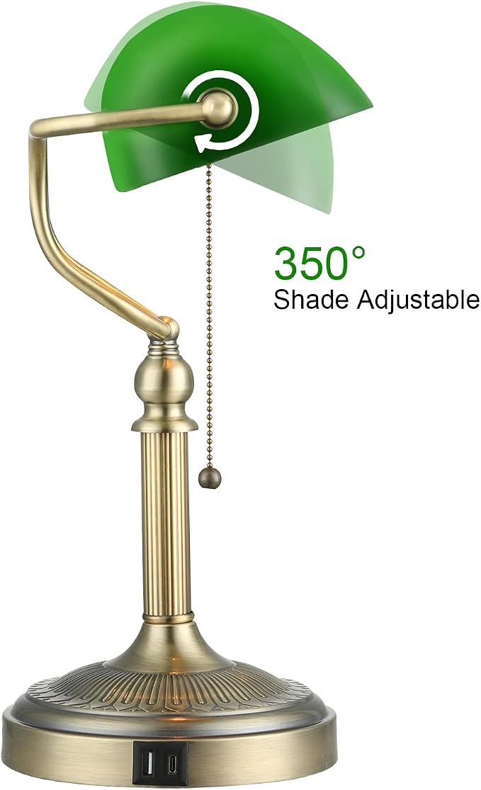 Green Glass Bankers Desk Lamp with USB Fast Charging Port | Pull Chain Switch Plug in Fixture