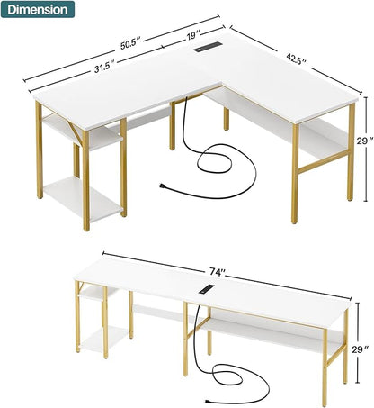 Unikito Reversible L Shaped Desk with Magic Power Outlets and USB Charging Ports, Sturdy Corner Computer Desk with Storage Shelves, Gaming Table Home Office Desk, Easy to Assemble, White and Gold