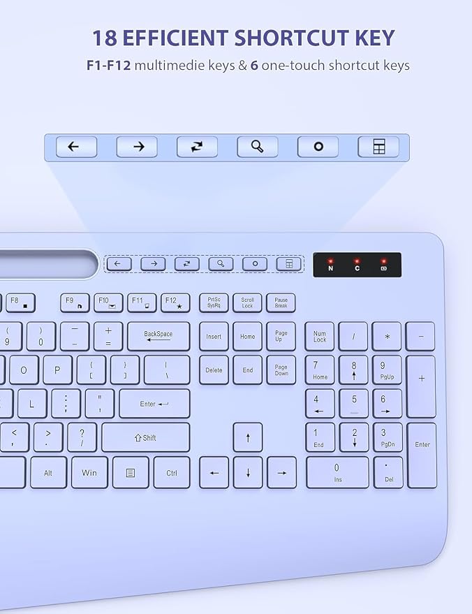 SABLUTE Wireless Keyboard and Mouse, Wrist Rest, Phone Holder, Batteries Included, 2.4G Lag-Free Ergonomic Keyboards Mouse Combo, KM23D Silent Keyboards Set for Computer, Laptop, PC, Windows, Purple