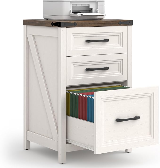 Vabches 3 Drawer Vertical File Cabinet, Wood Farmhouse Filing Cabinet Fits A4/Letter Size, Under Desk Small File Cabinets Printer Stand with Storage for Home Office, White and Brown
