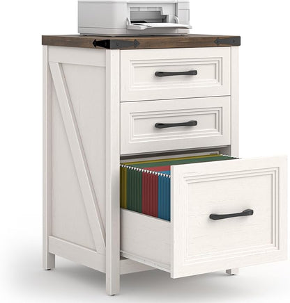 Vabches 3 Drawer Vertical File Cabinet, Wood Farmhouse Filing Cabinet Fits A4/Letter Size, Under Desk Small File Cabinets Printer Stand with Storage for Home Office, White and Brown