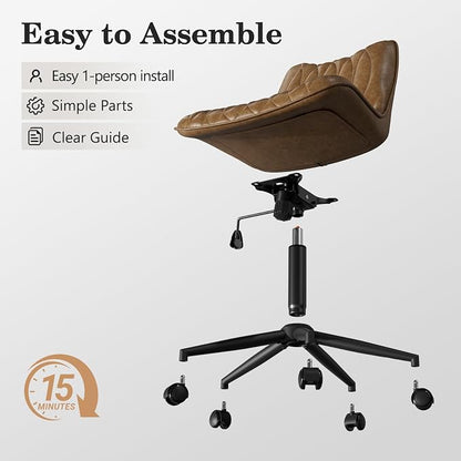 Armless Office Chair, Swivel Rolling Leather Desk Chair, Brown | Waterproof Upholstery, Padded Seat, 15° Relaxing Tilt, 330 LBS Capacity, for Bedroom Vanity and Computer Work