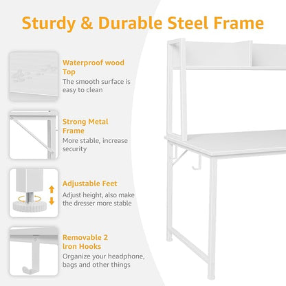DLisiting White Computer Desk with Hutch & Drawers - 47 Inch Modern Study Writing Office Desk with 3 Storage Drawers and Power Outlets for Bedroom Home Office