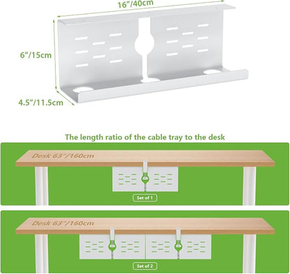 KEEGH 16" Under Desk Cable Management Tray, No Drill Clamp Mount, Extra Large Desk Cord Organizer Upgrade Capacity, Cord Management Tray for Home Office, Gaming Desk, Standing Desk,White, 3 Pack