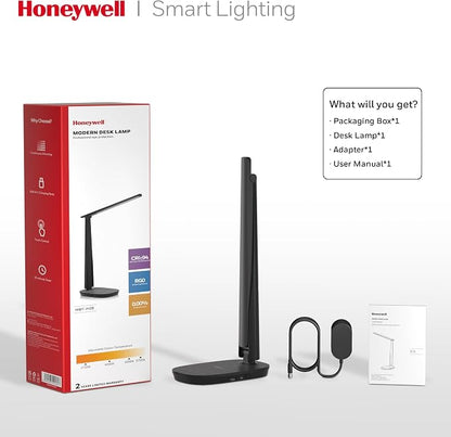 Honeywell HWT-H2 LED Desk Lamp for Home Office, CRI94 Full Spectrum Eye-Caring Light, Dimmable Table Lamp with USB-A & USB-C Charging Ports, Foldable Touch Control Reading Lamp, Black