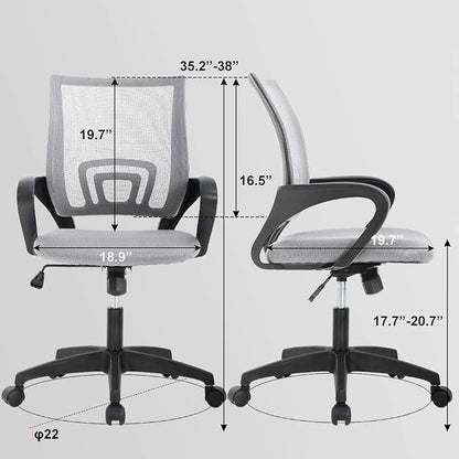 BestOffice | Ergonomic Office Chair | Mid-Back Swivel Desk Chair | Breathable Backrest & Lumbar Support | Adjustable Height | Sponge Seat | Rolling Wheels | Grey | for Adults & Women | Pack of 2