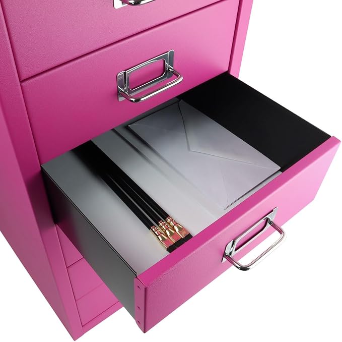Bisley 6-Drawer Steel MultiDrawer Cabinet - Fuchsia | Chrome Pull Handles with Label Holders, Powder-Coated Steel, Removable Drawers, Fits Under Most Desks, Labels Included