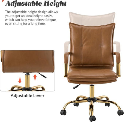 HULALA HOME Faux Leather Home Office Desk Chair, Adjustable Swivel Computer Chair with Golden Legs and Arms, Comfy Upholstered Task Chair,Camel